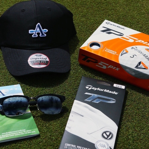 Hat, golf balls, golf gloves, and sunglassess from ArrowCreek's Golf Shop