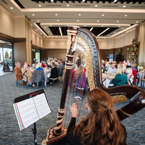 Harpist-plays-entertainment-at-a-holiday-party-at-The-Club-at-ArrowCreek