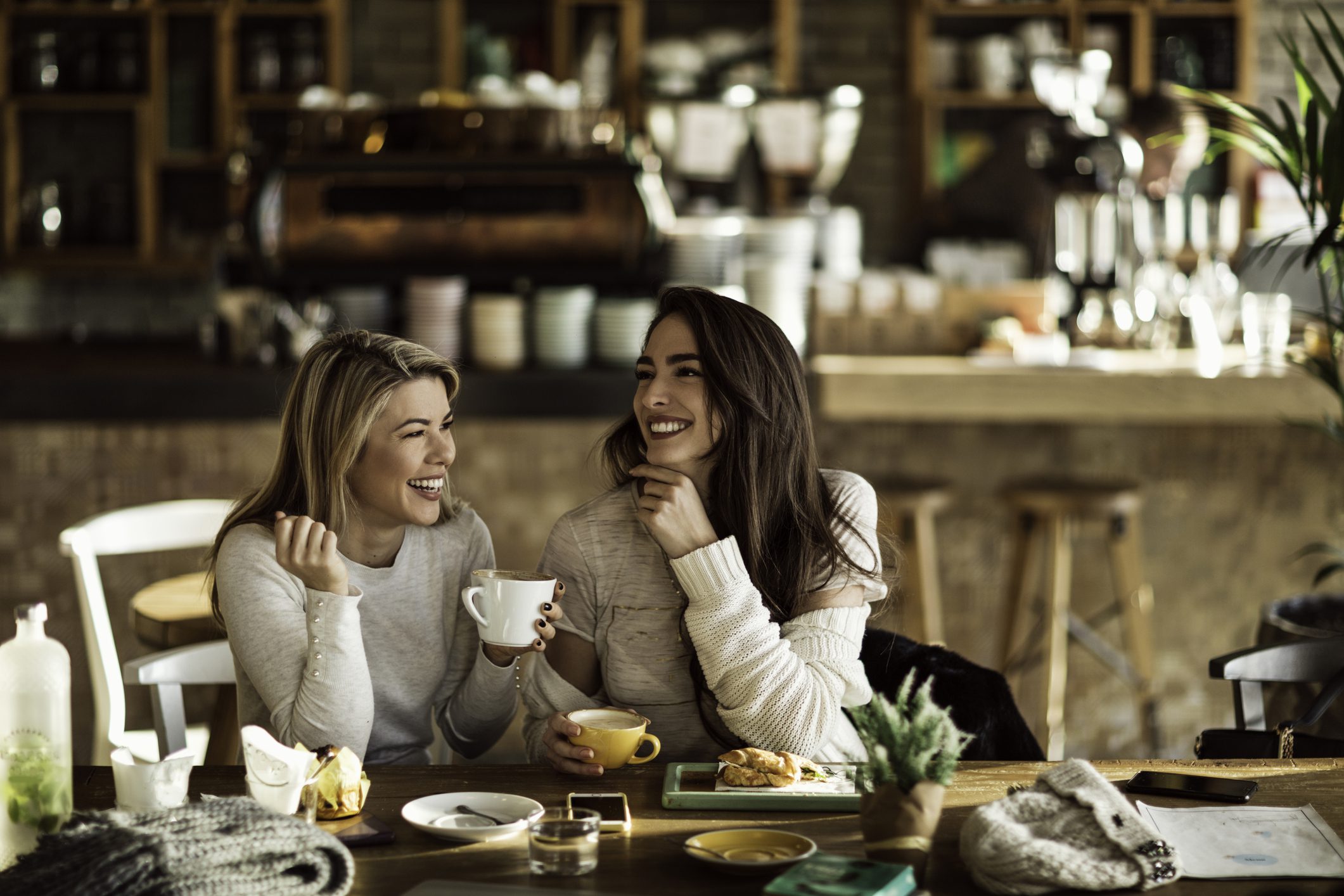 Two cheerful women having fun during coffee time in a cafe. Two cheerful women having fun during coffee time in a cafe.